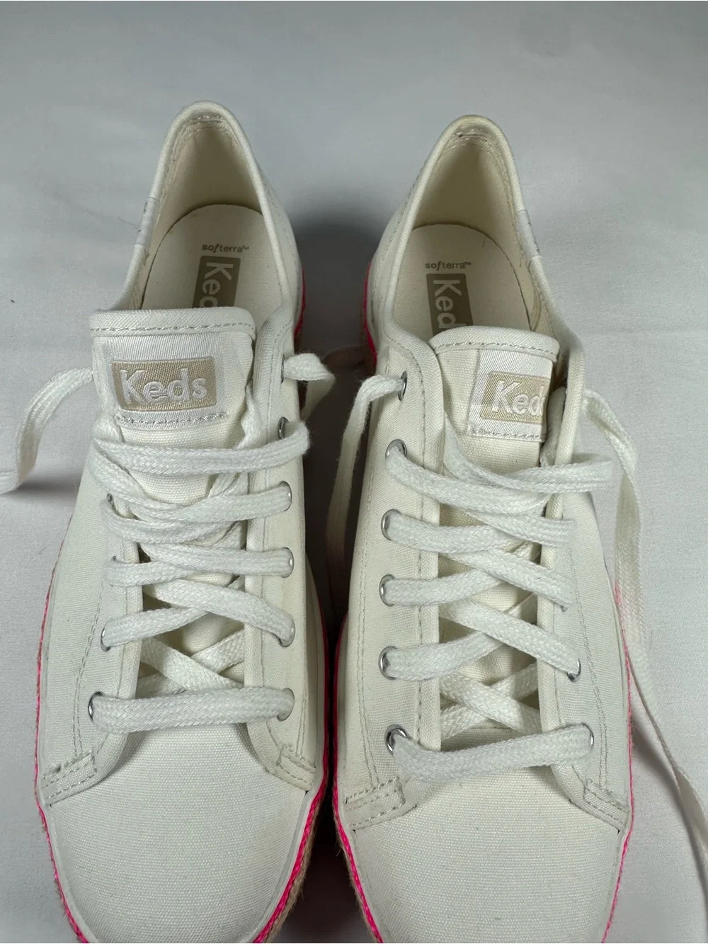 Keds Off-White Canvas Platform Sneakers with Neon Pink Trim